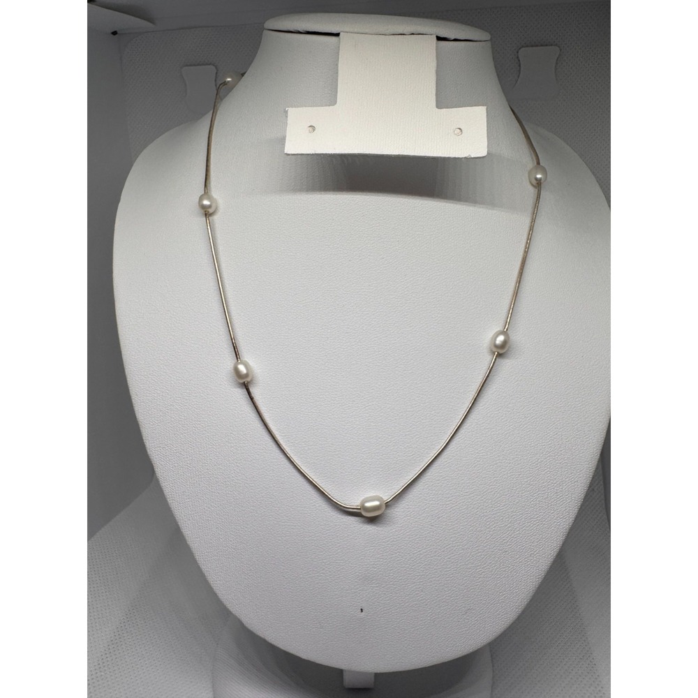 Sterling Silver 925 Snake Chain Floating Freshwater Pearl Necklace